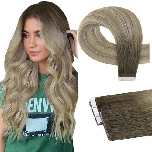 Full Shine Injected Tape in Hair Extensions 14Inch Seamless Injection Tape In Human Hair Extensions Color Blonde and Brown Balayage 20Gram 10Pcs Intact Invisible Machine Remy Human Hair for Women