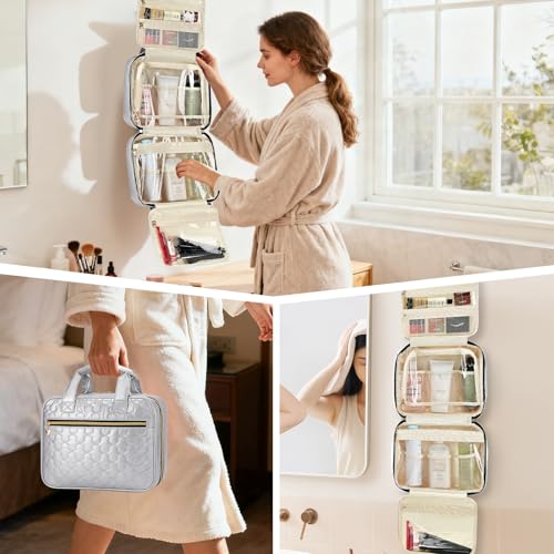 Travel Toiletry Bag, Hanging Makeup Organizer with Hook, Water-Resistant Cosmetic Bag, Fits Full-Size Shampoo & Conditioner Bottles, for Women & Men, Makeup Accessories & Brushes(Silver, Large)