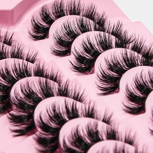 AKARA Russian Strip Lashes Fluffy Wispy Faux Mink Eyelashes Cat Eye Natural Look D Curl False Lashes 7 Pairs Pack-R07