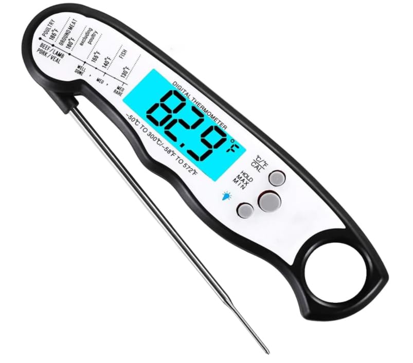 KULUNER TP-01 Waterproof Digital Instant Read Meat Thermometer with 4.6 Folding Probe Backlight Calibration Function for Cooking Food Candy, BBQ Grill, Liquids,Beef(White)