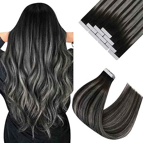 Ve Sunny Tape in Hair Extensions Real Human Hair Invisible Remy Human Hair Straight Tape Ins Double Sided Ombre Natural Black Root to Sliver Grey 24 inch 10Pcs 25G