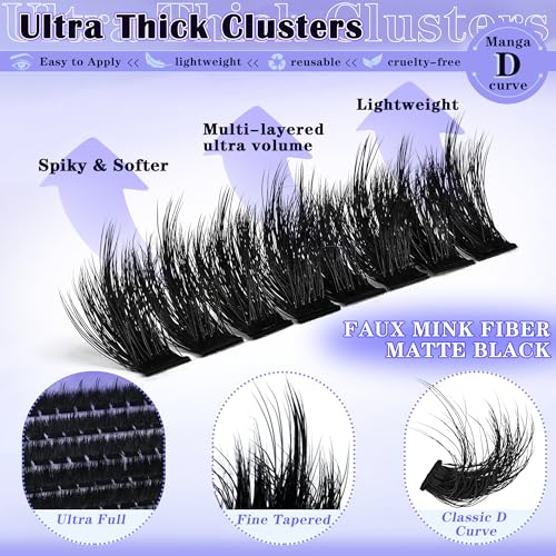 Lash Clusters with Spikes 300D Manga Volume Lash Clusters Evil Look Eyelash Clusters 10-22MM Thick Eyelash Extensions D-Curly Individual Lash Extensions DIY at Home by FOINEMYED