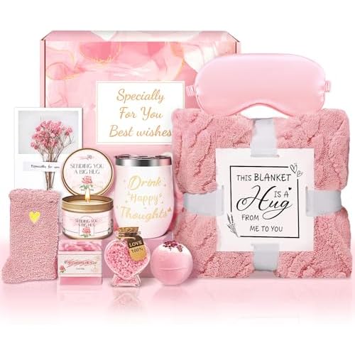 Gifts for Women Self Care Gifts Get Well Soon Gifts, Rose Relaxation Spa Gift Basket Sets with Luxury Flannel Blanket, Unique Mothers Day Mom Gifts Basket for Mom Wife Grandma Sister Friend