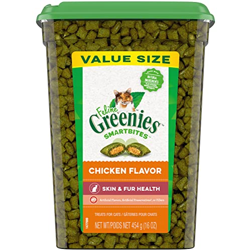 FELINE GREENIES SMARTBITES Skin & Fur Health Crunchy and Soft Textured Adult Natural Cat Treats, Chicken Flavor, 16 oz. Tub