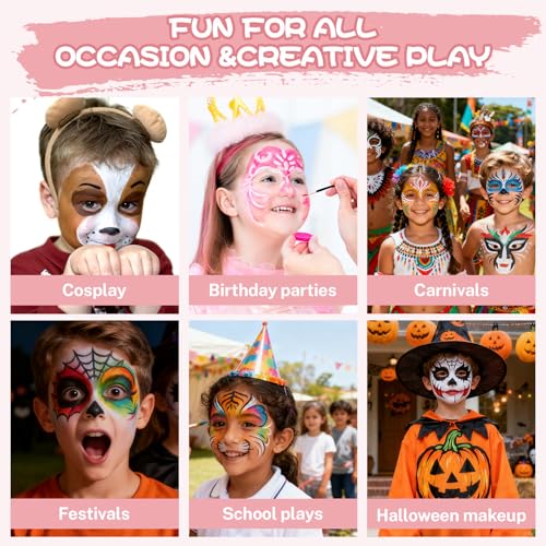 42 Color Kids Face Painting Kit, Non Toxic Water Activated Face Paint Palette with Stencils, Brush, Sparkle Gems. Perfect for Birthday Parties, Carnival, Costume Makeup