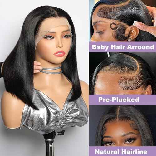 13x4 Bob Wig Human Hair Natural Color Straight Lace Front Wigs Glueless 180 Density Pre Plucked with Baby Hair Brazilian Remy Short Hair Transparent Lace Frontal Wigs for Black Women