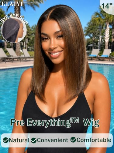 KLAIYI Glueless Bob Wig 14" Yaki Straight Chestnut Brown Human Hair