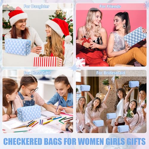 Giesiery 8-Pack Blue Checkered Makeup Bags - Travel Toiletry Pouches