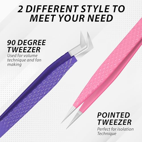Fiber Tip Lash Tweezers-SialBE Diamond Grip Eyelash Tweezers, Straight and L-Shape Tweezers for Lash Extensions, 2 Pcs Stainless Steel Lash Extension Tweezers For Lash Experts and Personal Use