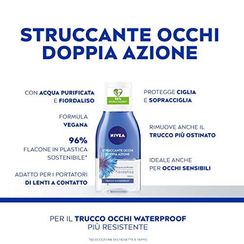 NIVEA Double Action Eye Makeup Remover with Purified Water and Cornflower Extracts Eliminate Waterproof Makeup - 4 x 125ml Bottles