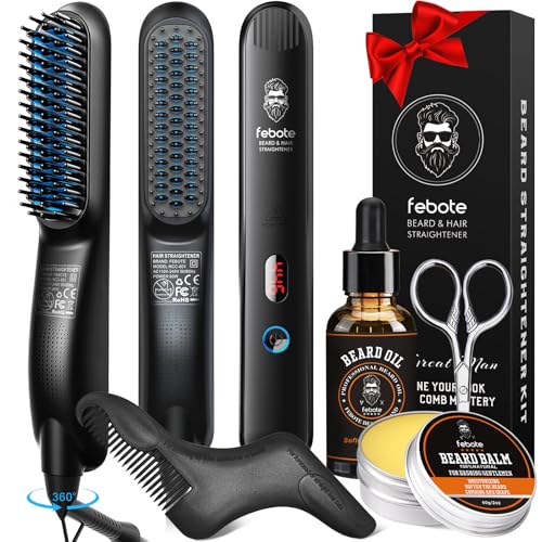 Beard Straightener Kit for Man- Heated Grooming Beard Brush, Beard Balm,Comb,Beard Growth Oil, Value Gift Set for Fathers Day,No-Scald,for Soft,Thick,Curly Beard,Prevent Damage