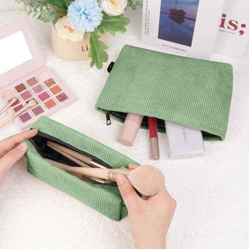 MAGEFY Makeup Bag 2 PCS Corduroy Make up Bag for Purse Travel Cosmetic Bag for Women Small Makeup Pouch Cute Makeup Brush Bag Preppy Stuff Travel Essentials - Green