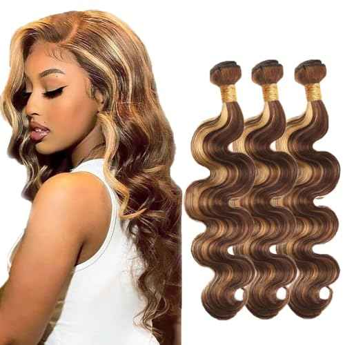 P4/27 Highlight Blonde Bundles Human Hair Body Wave Bundles Human Hair 20 20 20 Inch Brazilian Hair 3 Bundle Brown Unprocessed Virgin Remy Hair Extensions 50 Gram Per Bundle