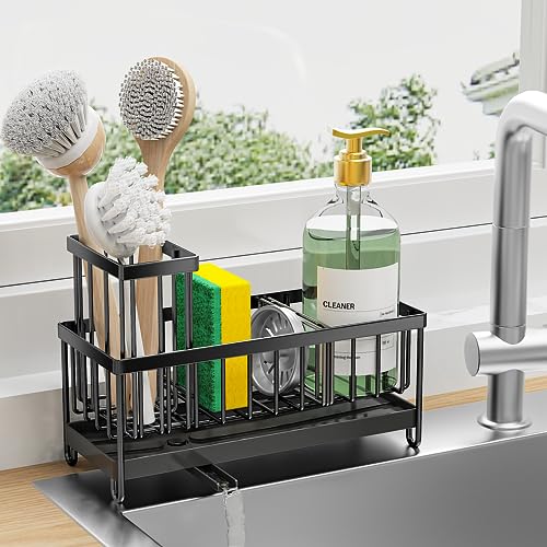 Cisily Sponge Holder for Kitchen Sink, Sink Caddy with High Brush Holder, Kitchen Sink Organizer Countertop Rustproof 304 Stainless Steel, Soap Dispenser Kitchen Organizers and Storage Essentials