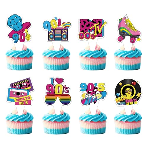 24PCS 90s Cake Toppers, Retro Cupcake Picks Geometric Design