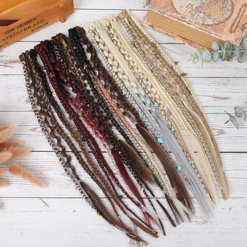 REECHO Clip in Braid Hair Extensions 16 Inch Medium Blonde with Light Blonde Beaded Boho Dreadlock Set, 2PCS