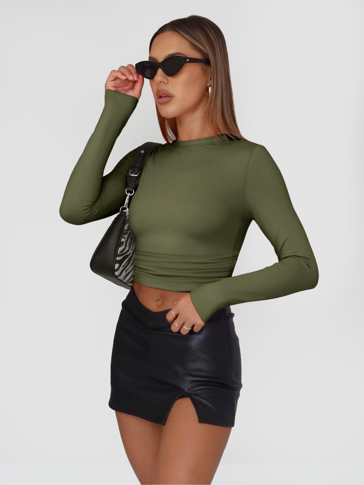 Trendy Queen Womens Long Sleeve Shirts Basic Spring Crop Tops Tees Tight Slim Fit Cute Going Out Outfits Teen Girls Fall Winter Y2k Clothes 2024 Army Green XS