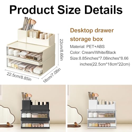 DASITON Makeup Organizer for Vanity with 2 Drawers, Stackable Cosmetic Organizer with Makeup Brush Holder, Plastic Bathroom Organizer Skincare Storage for Brushes, Eyeshadow, Lotions, Lipstick (Cream)