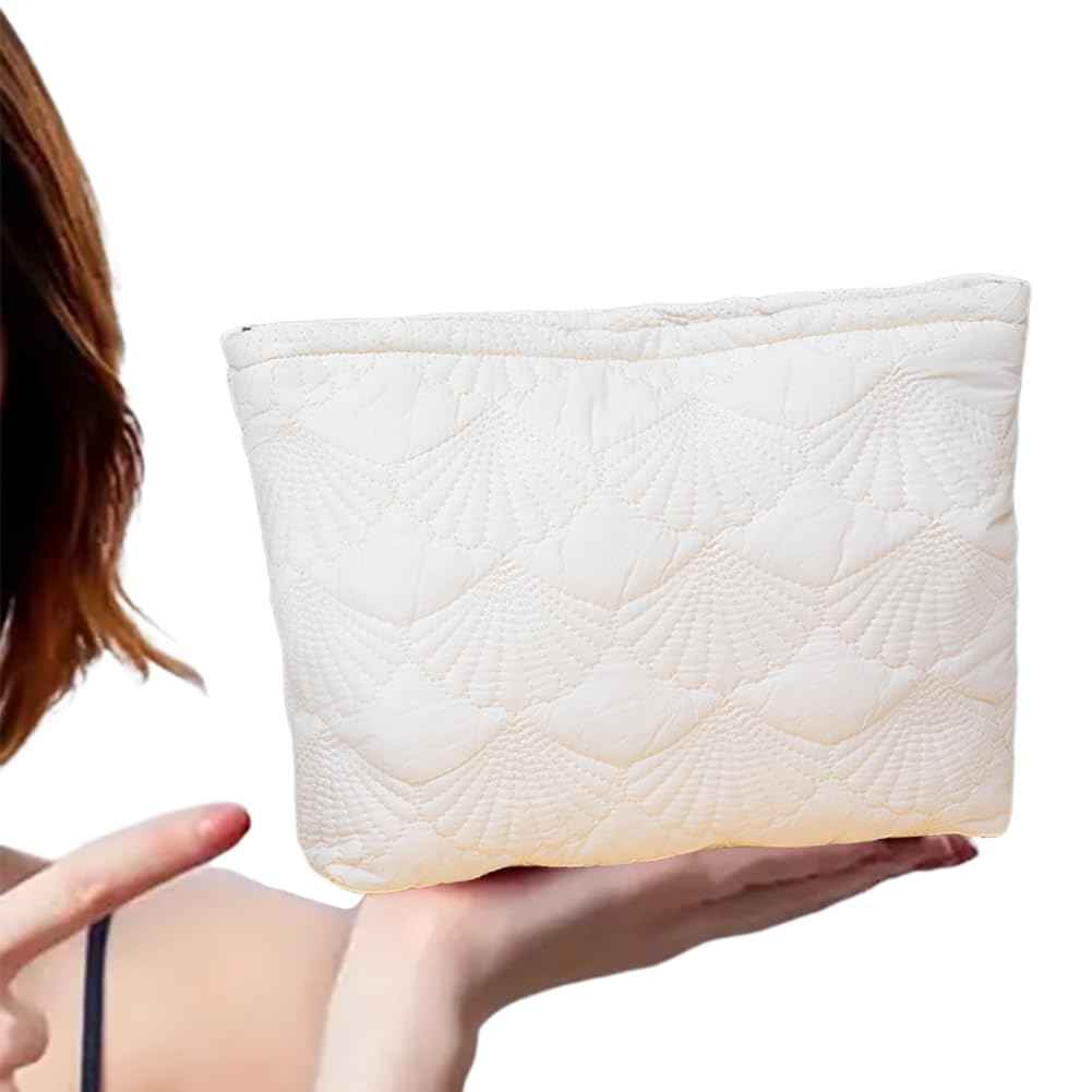 FITINI Makeup Bag Travel Large Portable Quilted Floral Print Cosmetic Organizer Cute Pouch for Women Soft Cotton Zipper Waterproof Toiletry Storage Bags,White Shell