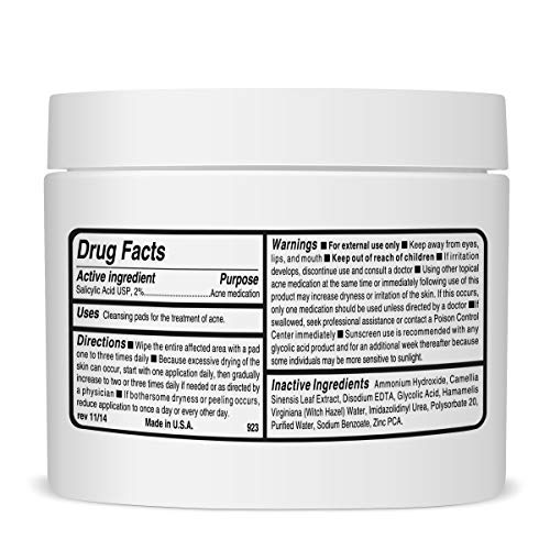 2% Glycolic Acid 2% Salicylic Acid Pads Acne Treatment - Mild Strength for Sensitive Skin - Witch Hazel Pads - Acne Solutions - For Facial Exfoliating and Smoother Looking Skin, 60 Face Pads