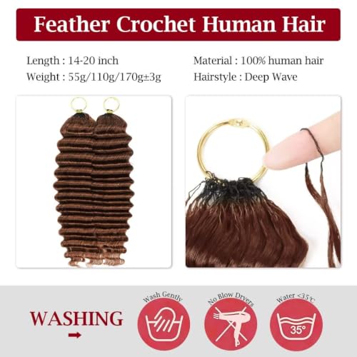 LOLLY HAIR 30# 18 Inch Pre-Looped Feather Human Crochet Hair 110g Deep Wave Black Women