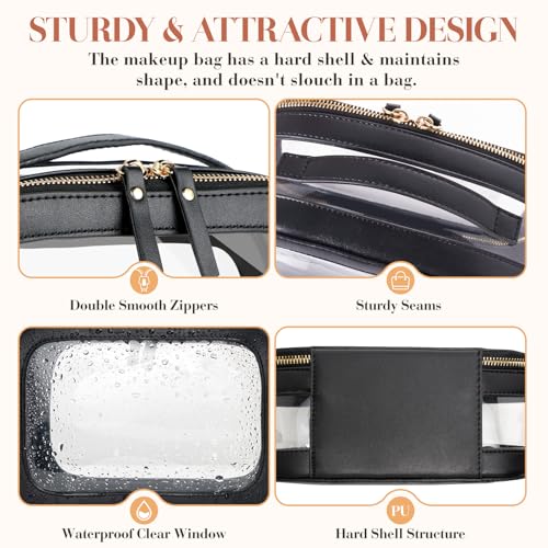 Beaulyn Clear Makeup Bag for Women - Waterproof Travel Toiletry Bag, Transparent Leather Cosmetic Organizer with Handle, Large Makeup Pouch for Travel