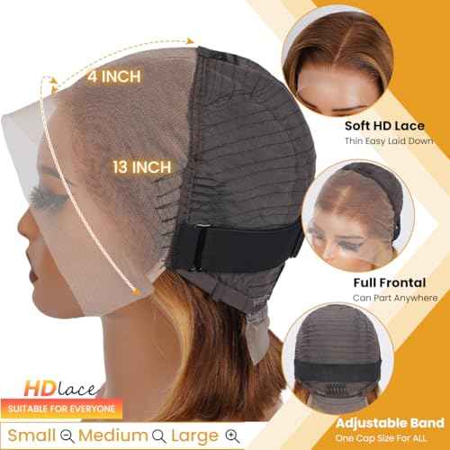 4/27 Highlight Body Wave Lace Front Wigs Human Hair Pre Plucked 13x4 HD Lace Frontal Wig with Baby Hair 180% Density Ombre Brown and Honey Blonde Human Hair Wigs for Black Women 24 Inch