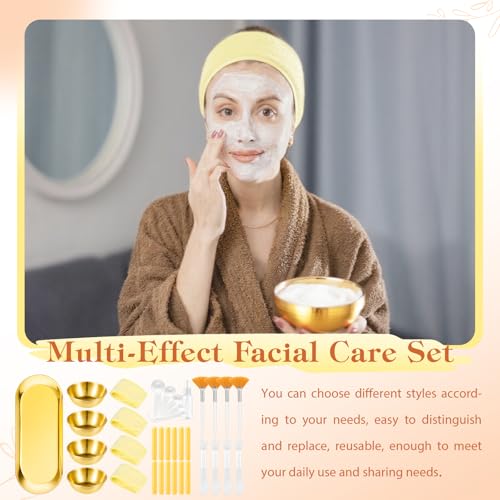 31 Pcs Esthetician Supplies for Facials,4 Gold Esthetician Bowls 4 Fan Brushes Esthetician Large Gold Serving Bowls 12 Compressed Facial Sponge 4 Spa Headbands 4 Flat Brushes for Women Face Cleansing