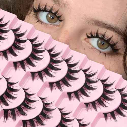 Ahrikiss Lashes Spiky Manga Lashes Anime False Eyelashes 8 Pairs Faux Mink Lashes Cosplay Thick Fake Eyelashes Soft Strip Lashes 8-16mm Wispy Fake Lashes Natural Look (Doll)