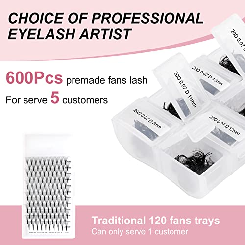 FADLASH 20D Premade Fans Eyelash Extensions - 600pcs Mixed Tray (20D-0.07D-8-15mm) D Curl Volume Lash Extensions