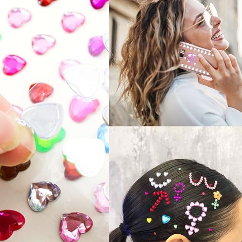 1398 PCS Heart Rhinestones Face Self-Adhesive Acrylic Heart Gems Stickers Flat-Back Heart Pearl Crystal for Body Eye Makeup for Wedding Valentine's Day DIY Crafts, 9 Sheets