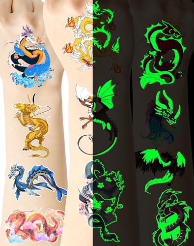 140 Glow-in-Dark Dragon Temporary Tattoos, 35 Designs