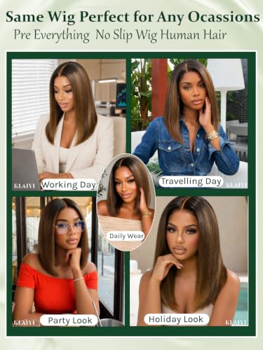 KLAIYI Glueless Bob Wig 14" Yaki Straight Chestnut Brown Human Hair