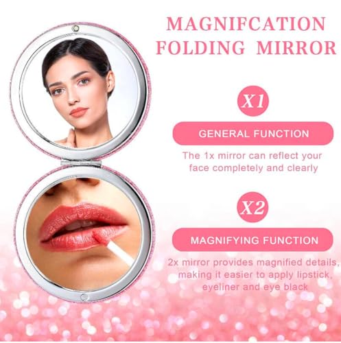 Pink Round Compact Travel Mirror with Magnification - Foldable Pocket Makeup Mirror for Women - Pink-Variation