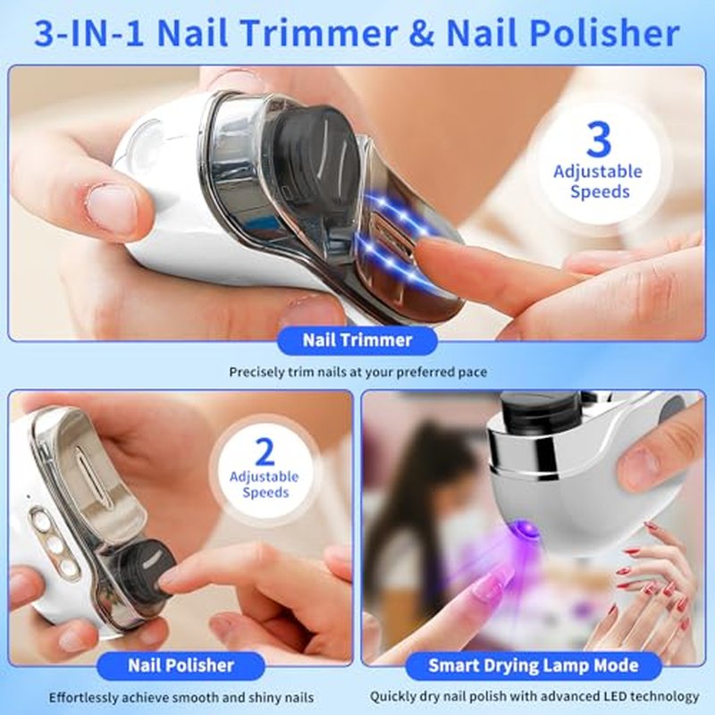 10 Pack Electric Nail Clipper 3-in-1, 2026 Upgraded Painless Automatic Nail Trimmer for Thick Fingernails &Toenails, 3-Speed with LED, Polishing & Storage,Type-C Rechargeable,Safe for Seniors (White)