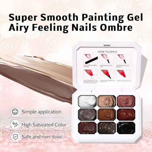 Sponge Pat Paint Nail Gel, 9 Colors Ombre Nails Gradient Gel Blush Blooming Aura Nails Drawing Stripper Floral Painting Nail Art, No Wipe, UV/LED Curing (9 Colors F)
