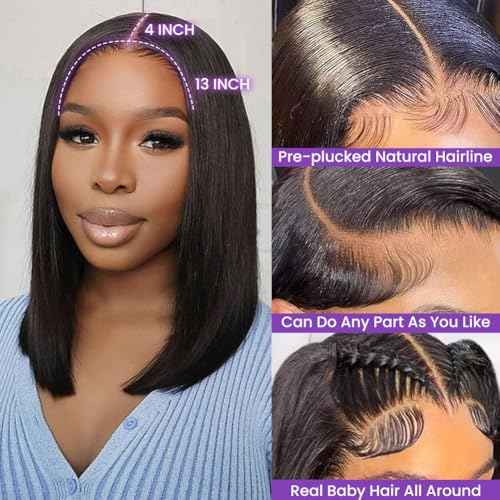 14 Inch Short Bob Wig Straight 13X4 HD Transparent Lace Front Wig Human hair 150 Density Lace Frontal Wig Glueless Wigs Human Hair Pre Plucked for Black Women Wigs With Baby Hair Natural Color