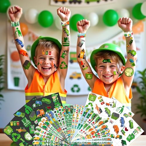 Garbage Truck Party Favors Set - 72 Tattoos & 24 Slap Bracelets