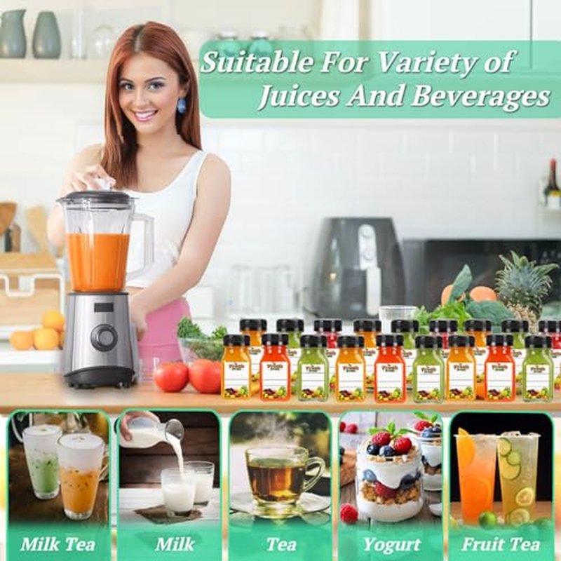 100 Pack 4oz Clear Plastic Juice Bottles with Caps & Labels