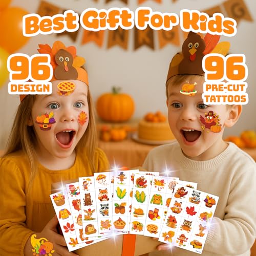 96 PCS Hello Thanksgiving Fall Autumn Pre-Cut Temporary Tattoos for Kids | Cute Themed Birthday Party Favors, Supplies, Decorations, Fake Tattoo Stickers, School Rewards Gifts for Boys Girls