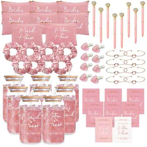 56 pcs Bridesmaid Gift Set, Pink: 16oz Glass Cups, Makeup Bags, Invitation Cards, Scrunchies, Hair Bracelets, Diamond Pens, Love Clips - Perfect for Bridesmaids or Special Occasions