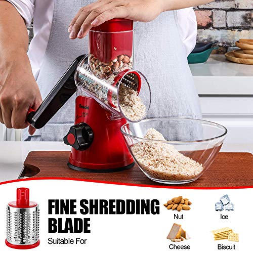 Geedel Rotary Cheese Grater, Kitchen Mandoline Vegetable Slicer with 2 Interchangeable Blades, Easy to Clean Rotary Grater Slicer for Fruit, Vegetables, Nuts