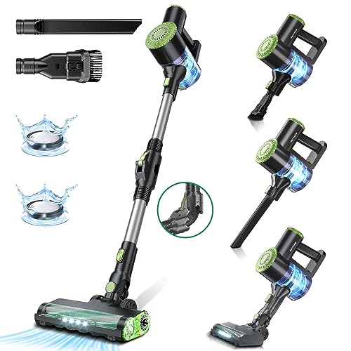 PRETTYCARELIFE Cordless Vacuum Cleaner, 6 in 1 Lightweight Stick Vacuum Self-Standing with Powerful Suction, 180° Bendable Wand Rechargeable Cordless Vacuum for Hardwood Floor (Green)