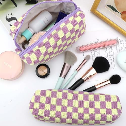 EIMMBD 3-Piece Makeup Bag Set - Large Capacity Checkered Travel Cosmetic Pouches