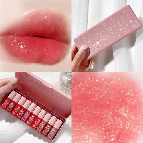 10-Piece Pearly Lip Gloss Set, Moisturizing Lip Tint Collection, Sheer to Medium Coverage, 0.16 Fl Oz Each (Pink Box)