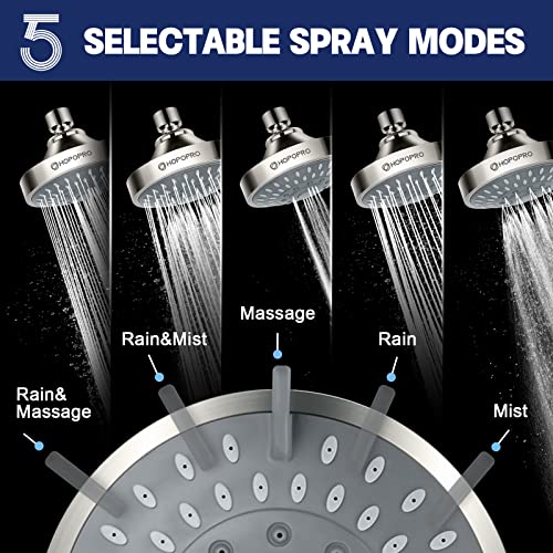 HOPOPRO 5-Mode High Pressure Shower Head - Consumer Reports, The Washington Post, NBC News, TODAY TV Show Recommended - High Flow Fixed Showerheads Bathroom Rain Showerhead (4 Inch Brushed Nickel)