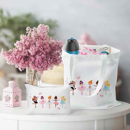 Y1tvei Ballerina Canvas Bag Set- Cute Dancing Girls Canvas Tote Bag Makeup Pouch with Inner Pocket, Gifts for Dance Recital