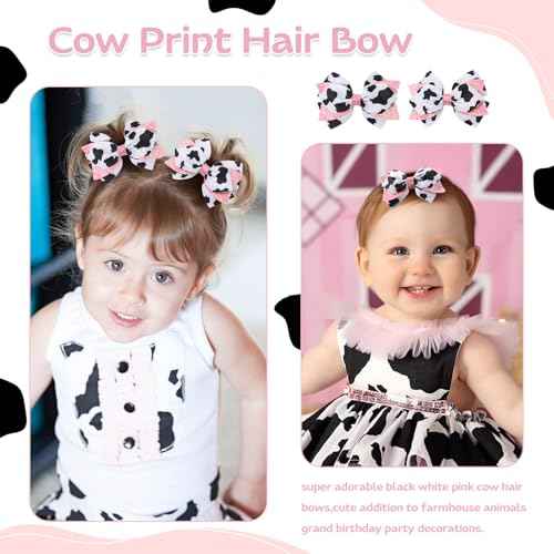 2PCS Glitter Cute Moo Cow Print Hair Bows Pink Grosgrain Ribbon Alligator Clips for Girls£¬Women, Toddlers, Infants, and Kids' Birthday Party Decor