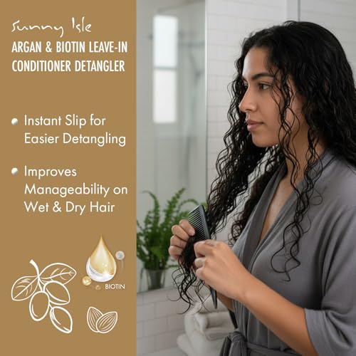 Sunny Isle Argan & Biotin Leave-In Detangler Conditioner - Collagen, Almond Oil, Castor Oil - 8 oz