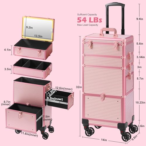 Somduy LED Makeup Train Case with Mirror & Drawers, Pink
